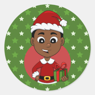 Pegatina Redonda Niño personalizado de Navidades afroamericanos