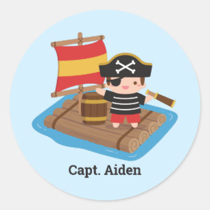 Pegatina Redonda Niño Pirata Lindo En Balsa Personalizado Para Niño