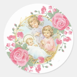 Pegatina Redonda Niño religioso Jesús Navidades ángeles rosas rosas