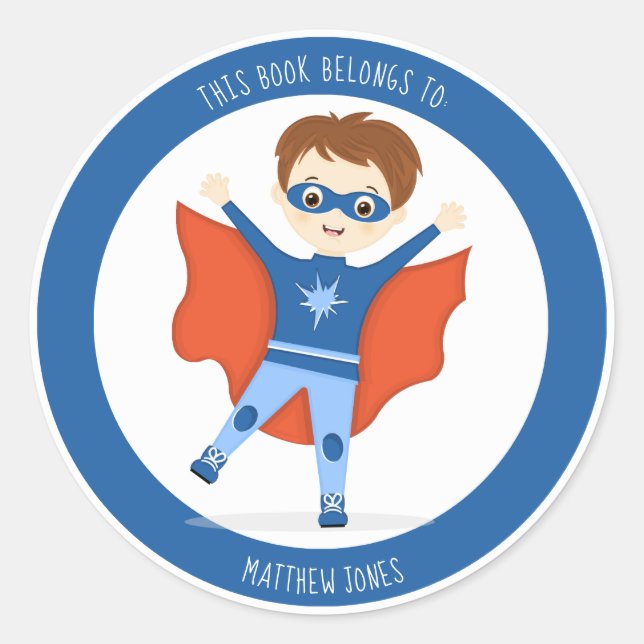 Pegatina Redonda Niño superhéroe a quien pertenece este libro (Anverso)
