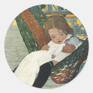 Pegatina Redonda Niño ventilado con muñeca por Jessie Willcox Smith