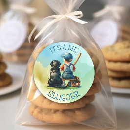 Pegatina Redonda Niño y perro | Lil Slugger | Baby Shower