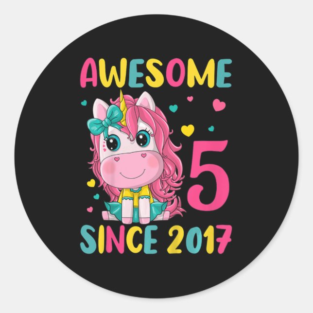 Pegatina Redonda Niños 5º partido de cumpleaños Unicornio Chica de  (Anverso)