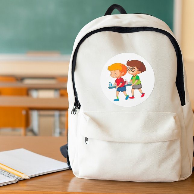 Pegatina Redonda Niños adorables que llevan bandejas de comida (Subido por el creador)