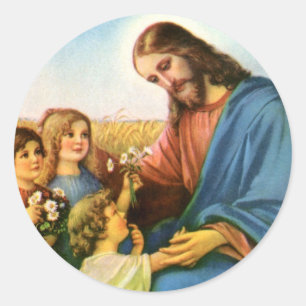 Pegatina Redonda Niños antiguos traen flores a Jesucristo
