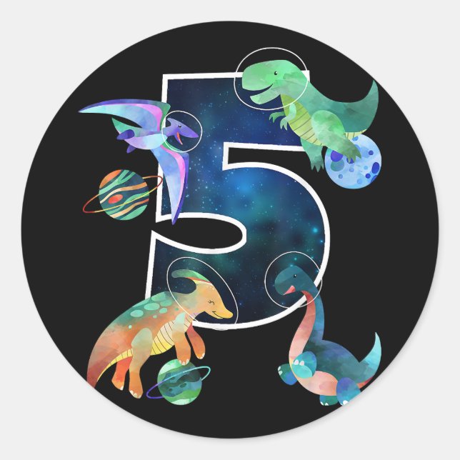 Pegatina Redonda Niños Astronautas del espacio exterior Dinosaurios (Anverso)