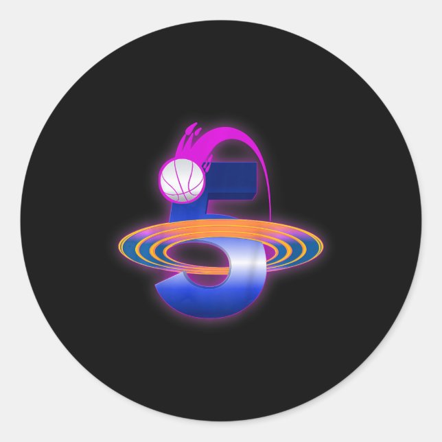 Pegatina Redonda Niños Baloncesto Espacial de 5 años Parte de cumpl (Anverso)