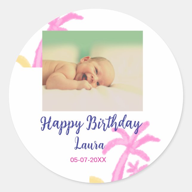 Pegatina Redonda Niños bebé primer cumpleaños añadir fecha añadir f (Anverso)