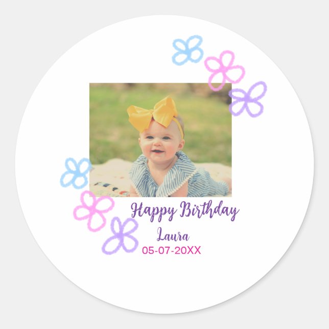 Pegatina Redonda Niños bebé primer cumpleaños añadir fecha añadir f (Anverso)