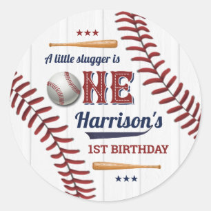 Pegatina Redonda Niños Béisbol Primer Cumpleaños