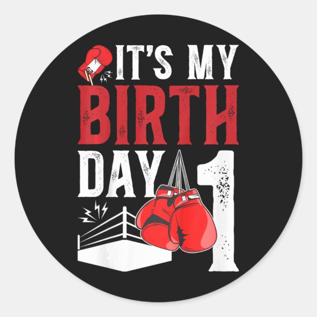 Pegatina Redonda Niños Boxeador de 1 año de edad Boxer Boxer Bday (Anverso)