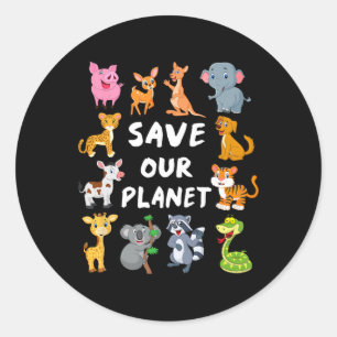 Pegatina Redonda Niños Camisas Medioambientales Con Animales Cubier