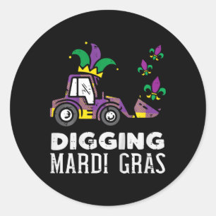 Pegatina Redonda Niños cavando Mardi Gras Bulldozer Truck Cute Boys