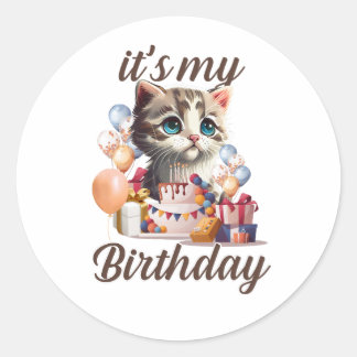 Pegatina Redonda Niños Chicas Rentabilidad de cumpleaños Gato