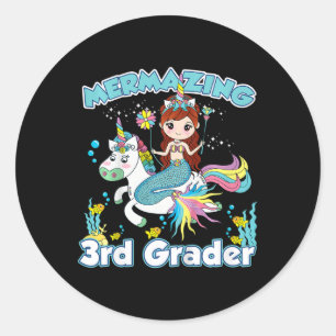 Pegatina Redonda Niños de 3er grado sirena montando unicornio de vu