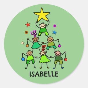 Pegatina Redonda Niños de árbol de Navidad personalizados
