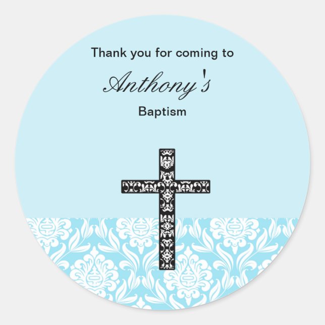 Pegatina Redonda Niños de Damask Azules Gracias pegatinas (Anverso)