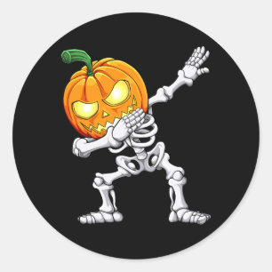 Pegatina Redonda Niños de Halloween Dabbing Esqueleto Y Calabaza Ja