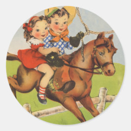 Pegatina Redonda Niños de la época montando un caballo jugando vaqu