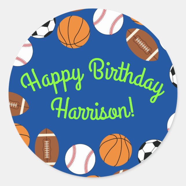 Pegatina Redonda Niños de la fiesta de cumpleaños deportiva (Anverso)