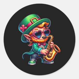 Pegatina Redonda Niños de Leprechaun saxofonianos hombres mujeres S
