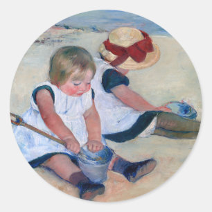 Pegatina Redonda Niños de Mary Cassatt jugando en la playa 1884
