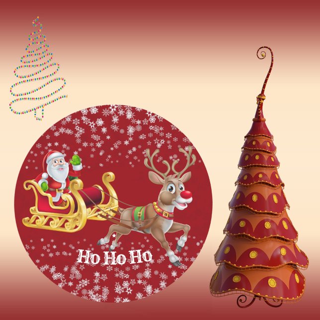 Pegatina Redonda Niños de Santa Navidades: Fiestas rojos renos (Kid's Santa Christmas Reindeer Red Party Crafts Classic Round Sticker)