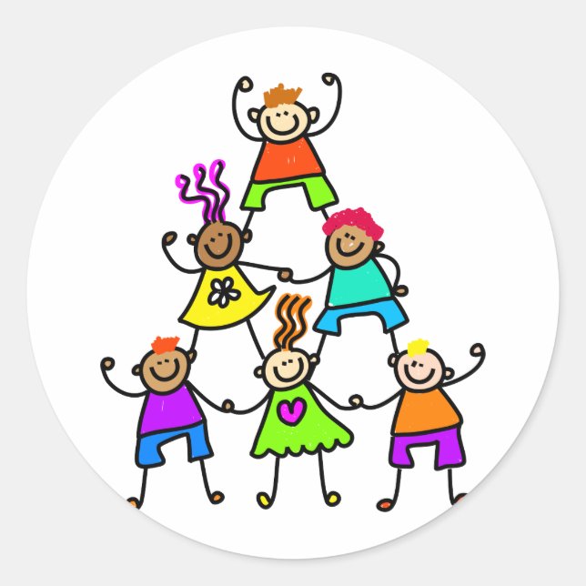 Pegatina Redonda Niños de trabajo en equipo (Anverso)