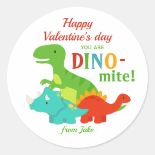 Pegatina Redonda Niños Día de San Valentín Dinosaurios Dino-mite