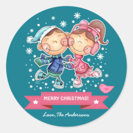 Pegatina Redonda Niños divertidos patinando | Navidades de nombres
