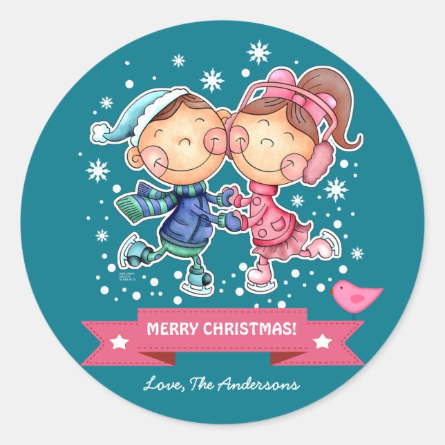 Pegatina Redonda Niños divertidos patinando | Navidades de nombres  (Anverso)