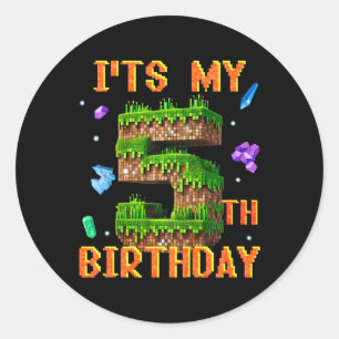 Pegatina Redonda Niños Es Mi Cumpleaños Número 5 Fiesta de Gamer Pi