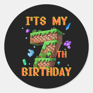 Pegatina Redonda Niños Es Mi Cumpleaños Número 7 Fiesta de Gamer Pi