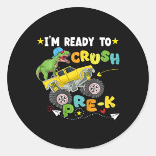 Pegatina Redonda Niños Estoy Listo Para Aplastar Pre-k T Rex Camión