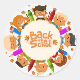 Pegatina Redonda Niños felices felices y curados de vuelta a la esc