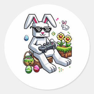 Pegatina Redonda Niños Feliz Día de Pascua Conejo Huevo Videojuego