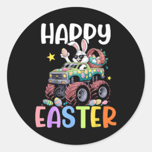 Pegatina Redonda Niños Feliz Monstruo de Pascua Camión Pascua Conej
