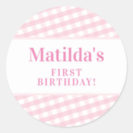 Pegatina Redonda Niños FIESTA vintage gingham patrón chica rosa