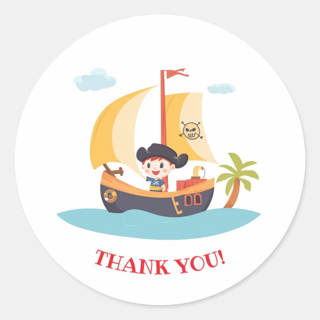 Pegatina Redonda Niños Fiestas de Barco Pirata Gracias (Anverso)
