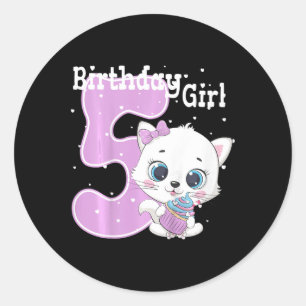 Pegatina Redonda Niños Gato Quinto Cumpleaños Chicas Camisas Kitten