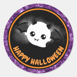 Pegatina Redonda Niños guapos y Purpurinas morados feliz Halloween