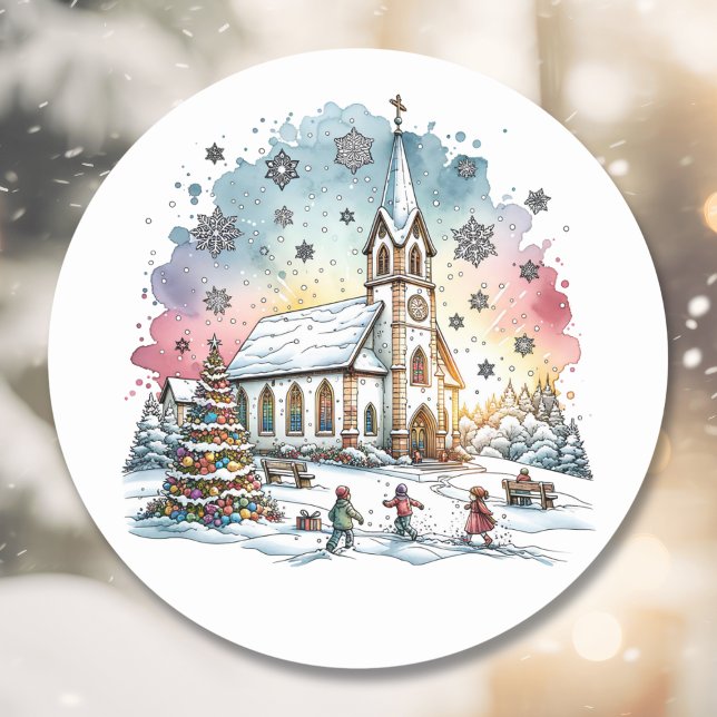 Pegatina Redonda Niños jugando en la iglesia en tiempo de Navidad (Subido por el creador)