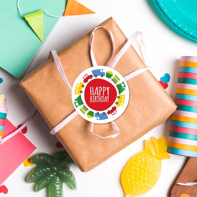 Pegatina Redonda Niños Juguetes Transporte Tren de coches Feliz Cum (Boy's Toys Transport Kid's Birthday Party Collection @ fat*fa*tin)