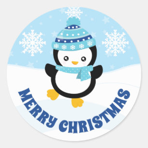 Pegatina Redonda Niños Lindos Pingüino de Sombrero Azul Feliz Navid