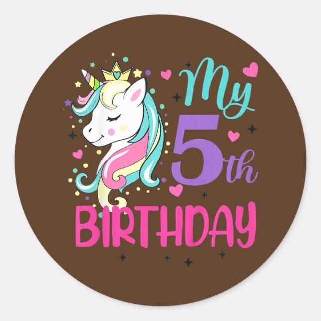Pegatina Redonda Niños Mi quinto cumpleaños Cute Unicorn Amante Cum (Anverso)