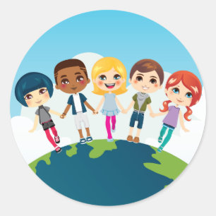 Pegatina Redonda Niños Multi-étnicos felices