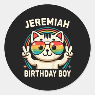 Pegatina Redonda Niños Nombre Jeremiah Cumpleaños Niño Gato