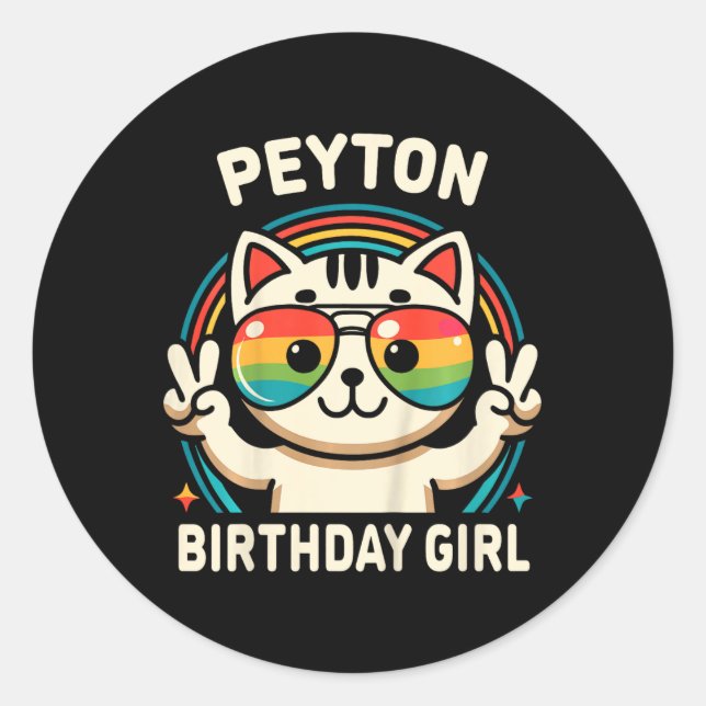 Pegatina Redonda Niños Nombre Peyton Chica de cumpleaños Gato (Anverso)