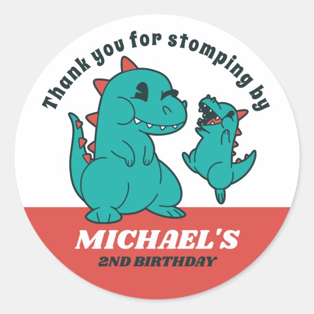 Pegatina Redonda Niños pequeños dinosaurios Fiesta de cumpleaños Ba (Anverso)