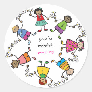 Pegatina Redonda Niños Personalizados y amigos felices en todo el m